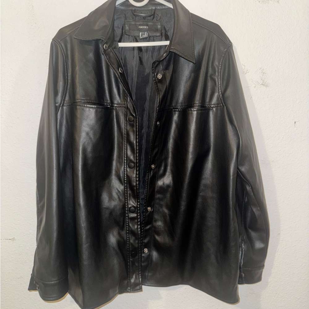 Black Faux Leather Button-Up Shirt